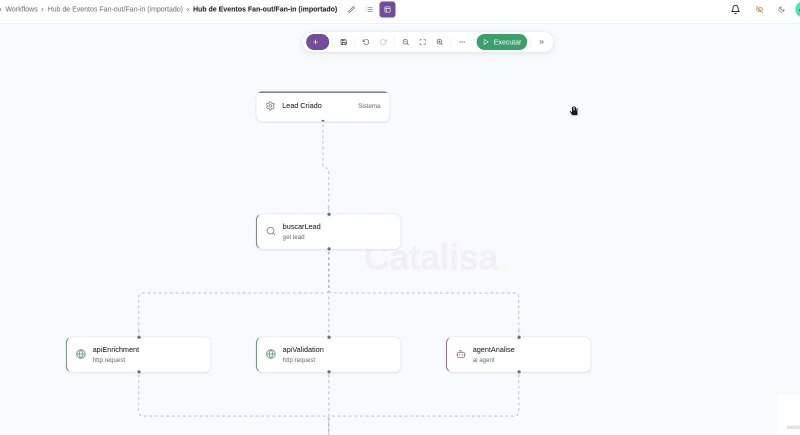 Editor visual de workflows do Catalisa mostrando Hub de Eventos Fan-out/Fan-in com execucao paralela